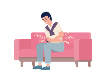 Man suffering from stomach ache on sofa semi flat color vector character preview picture