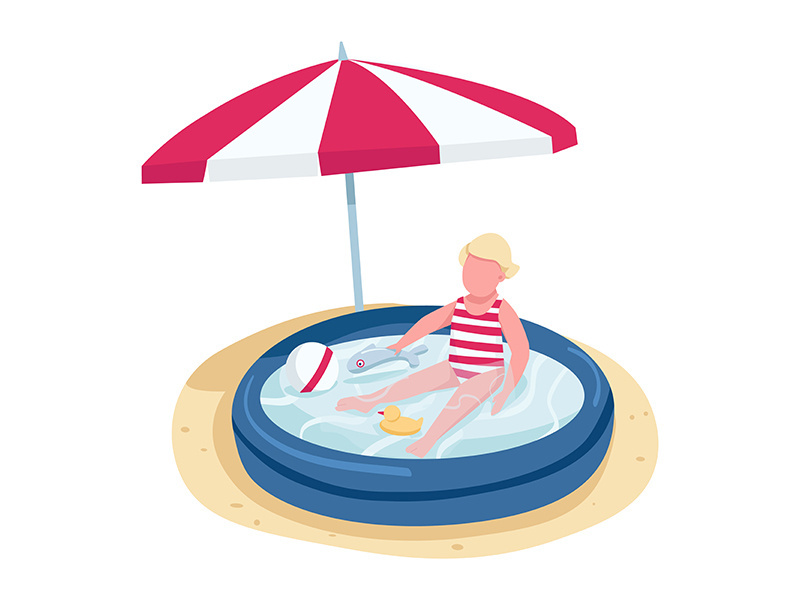 Little girl playing with toys in inflatable pool flat color vector faceless character