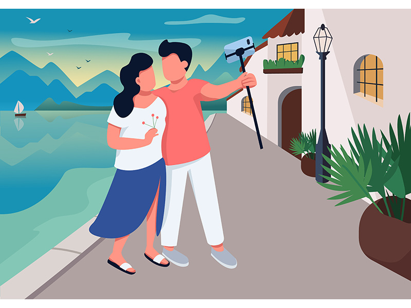 Couple date in resort village flat color vector illustration