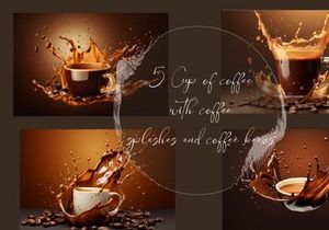 Cup of coffee with coffee splashes and coffee beans