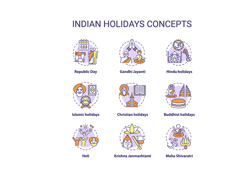 Indian holidays concept icons set