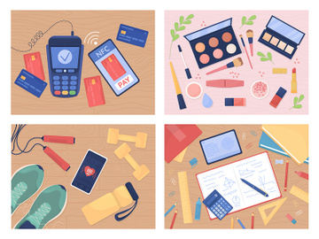 Tabletop with objects flat color vector illustration set preview picture