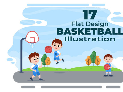 17 Kids Cartoon Playing Basketball Flat Illustration