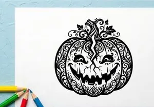Decorative Halloween pumpkin with carved face and intricate patterns