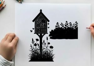Silhouette of a birdhouse with flowers and trees in the background silhouette