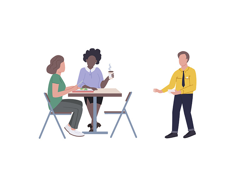 Employees on lunch break flat color vector faceless character set