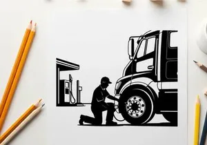 Silhouette of a man checking a large truck tire at a gas station silhouette