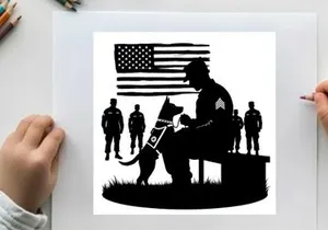 Silhouette of a soldier with service dog and american flag