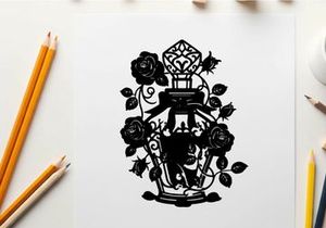 Silhouette of perfume bottle with roses and bow