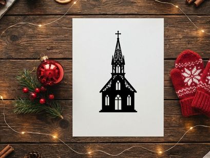 Black silhouette of a church building with a steeple and cross on a white background.