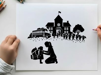 Silhouette of mother and child in front of school