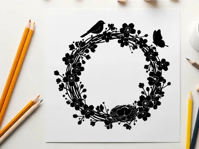 Silhouette of a floral wreath with birds and butterfly
