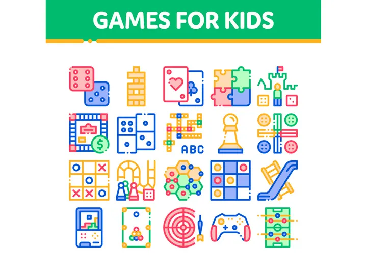 Interactive Kids Games Vector Thin Line Icons Set