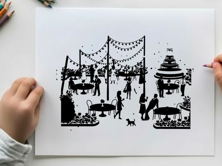 Silhouette of people at an outdoor party with cake