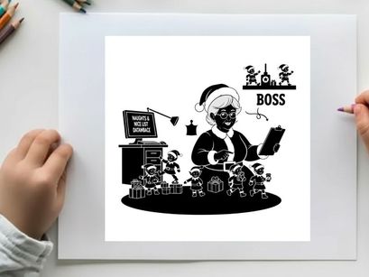 Silhouette of a santa claus like figure as a boss with silhouette city