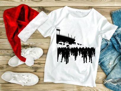 A large group of people marching in formation at an outdoor event or stadium