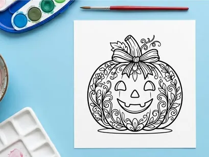 Halloween pumpkin coloring page. Floral jack-o-lantern line art for kids and adults.