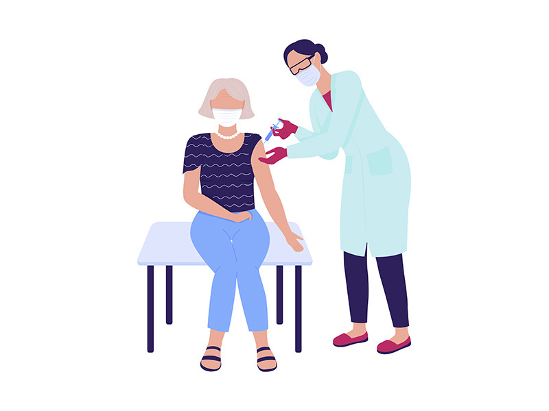 Old woman getting covid vaccine semi flat color vector characters