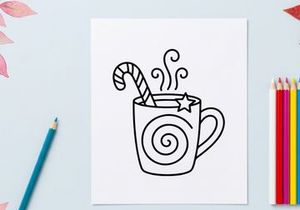 Hand-drawn steaming Christmas coffee mug with candy cane stirrer and festive swirls