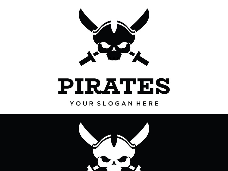 Pirate silhouette logo design with crossed swords, skull and bones.Vector illustration.