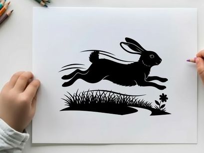 Silhouette of a rabbit running through grassy field silhouette