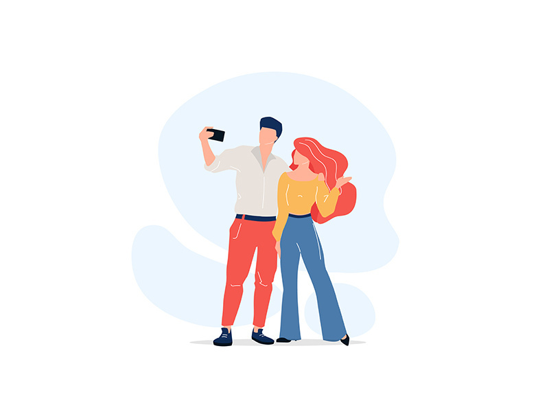 Couple taking selfie flat color vector faceless characters