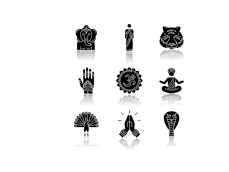 Indian spiritual symbols drop shadow black glyph icons set