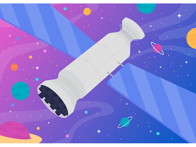 Rocket in open space flat color vector illustration