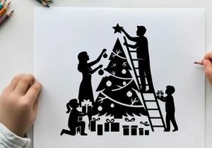 Family decorating christmas tree silhouette