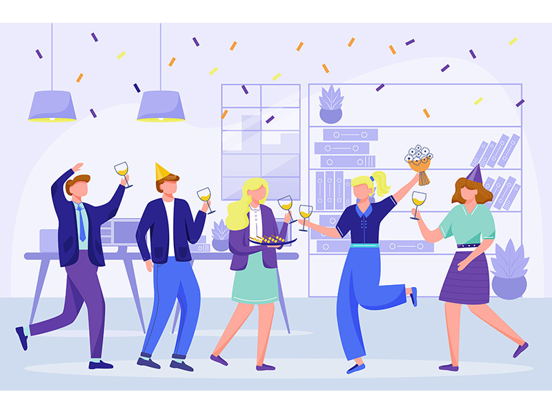Corporate birthday party in office flat vector illustration