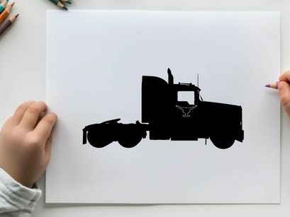 Silhouette of a semi truck against a white background