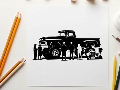 Silhouette of people standing next to a large pickup truck silhouette