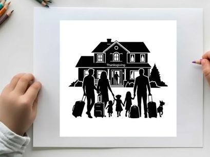 Family arriving at home for thanksgiving silhouette