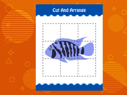 10 Pages Cut and arrange with a fish worksheet for kids. Educational game for children
