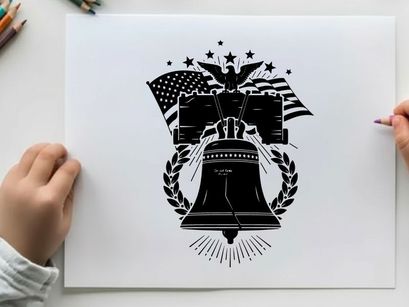 Liberty bell silhouette with american flags and eagle