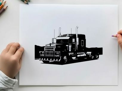 Silhouette of a large semi truck on a white background