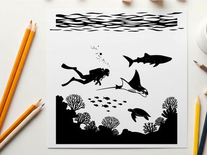Underwater scene with scuba diver and marine life silhouette