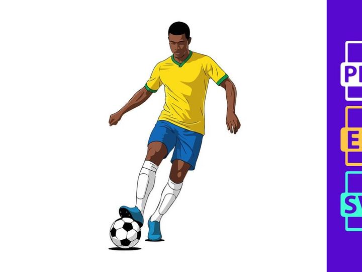A soccer player in a yellow jersey skillfully kicking a ball on a plain white background