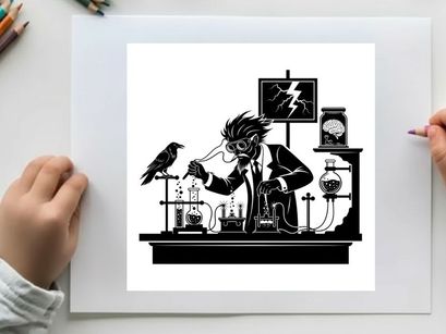 Mad scientist in lab with raven and silhouette equipment