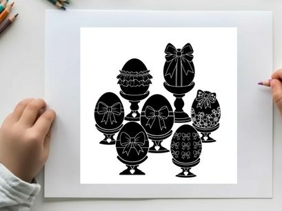 Easter eggs silhouette decorated with ribbons and bows on stands