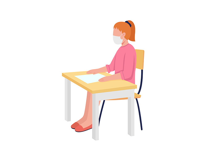 Girl in face mask at class semi flat color vector character