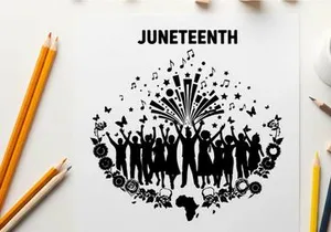 Juneteenth celebration silhouette with fireworks and floral patterns
