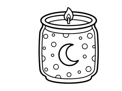 Candle in a jar coloring page. Cute moon and stars illustration for kids activity.