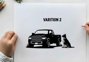 Silhouette of a pickup truck and dog in grass