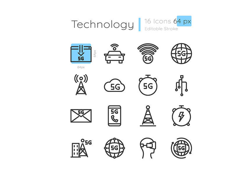5G wireless technology linear icons set