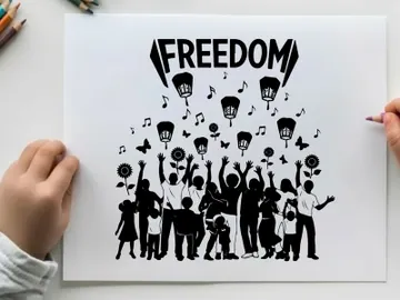 Silhouette of joyful people celebrating freedom with lanterns and music preview picture