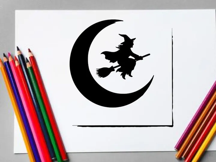 Silhouette of a witch flying on a broomstick over a crescent moon