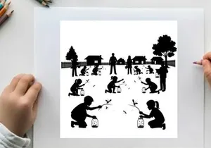 Silhouette of children releasing fireflies on a summer evening in a suburban setting