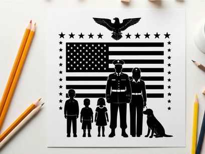 American family silhouette with flag and eagle emblem