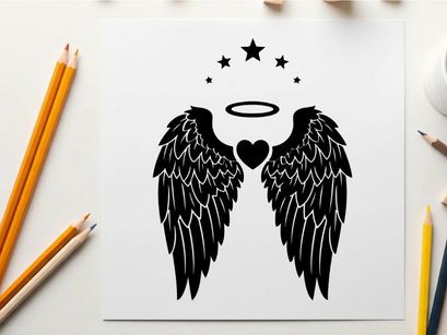 Black silhouette of angelic wings with heart halo stars